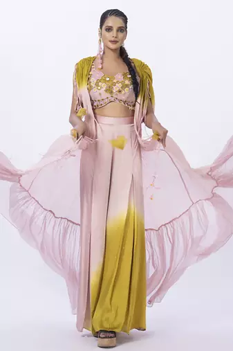 Peach organza plain pants with shrug & embroidered blouse
