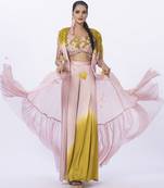 Peach organza plain pants with shrug & embroidered blouse