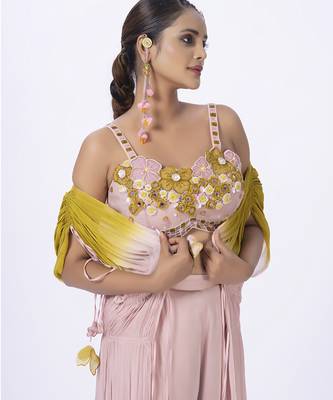 Peach organza plain pants with shrug & embroidered blouse 2
