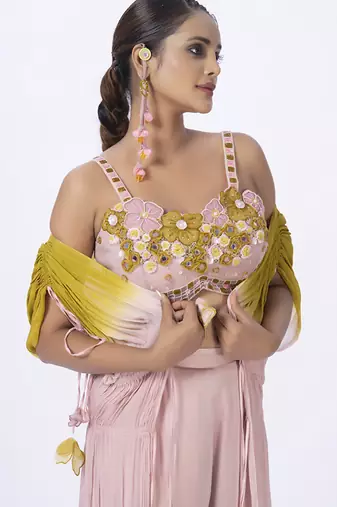 Peach organza plain pants with shrug & embroidered blouse