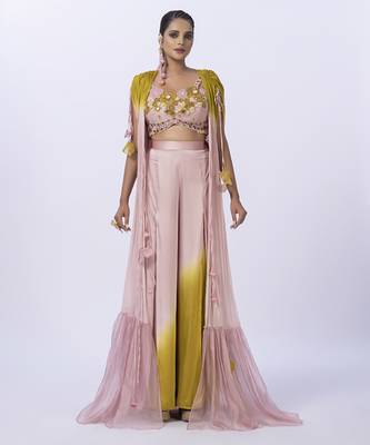 Peach organza plain pants with shrug & embroidered blouse 3