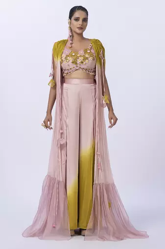 Peach organza plain pants with shrug & embroidered blouse