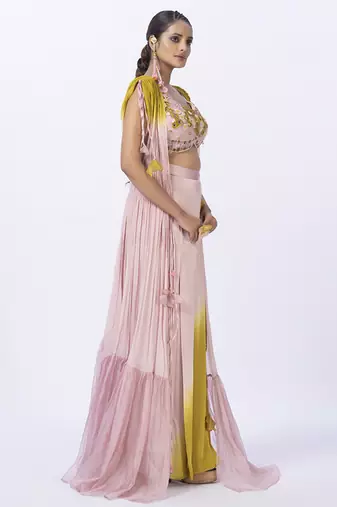 Peach organza plain pants with shrug & embroidered blouse