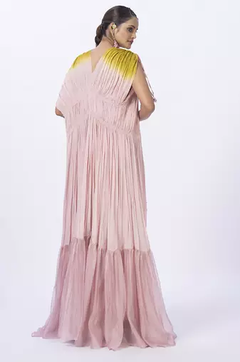 Peach organza plain pants with shrug & embroidered blouse