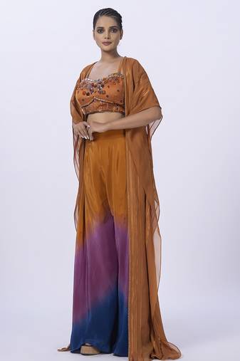 Orange organza plain pants with shrug & embroidered blouse