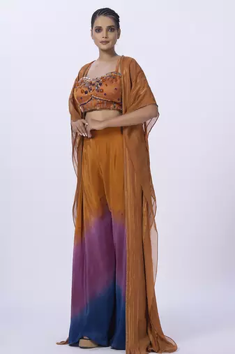 Orange organza plain pants with shrug & embroidered blouse