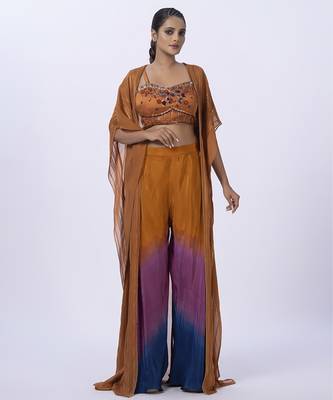 Orange organza plain pants with shrug & embroidered blouse 2