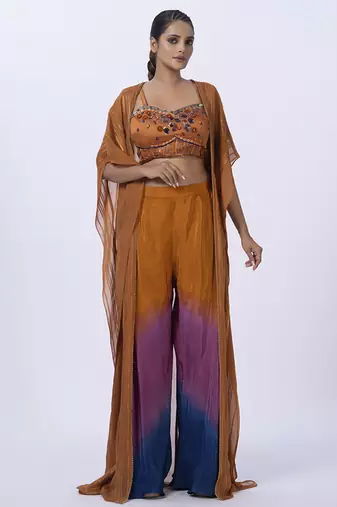 Orange organza plain pants with shrug & embroidered blouse