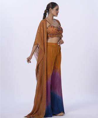 Orange organza plain pants with shrug & embroidered blouse 3