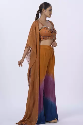 Orange organza plain pants with shrug & embroidered blouse