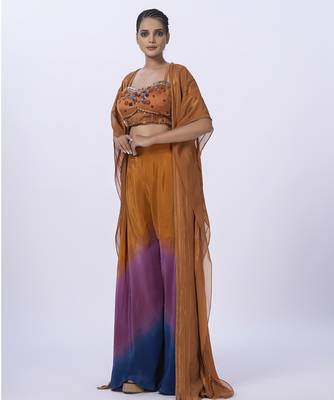 Orange organza plain pants with shrug & embroidered blouse 5