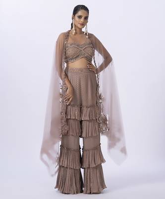 Beige net embroidered top with pant & shrug 1