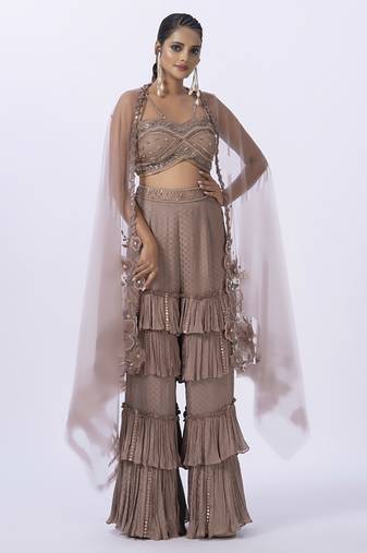 Beige net embroidered top with pant & shrug