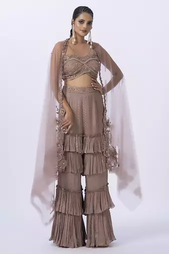 Beige net embroidered top with pant & shrug