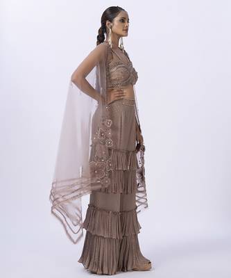 Beige net embroidered top with pant & shrug 2