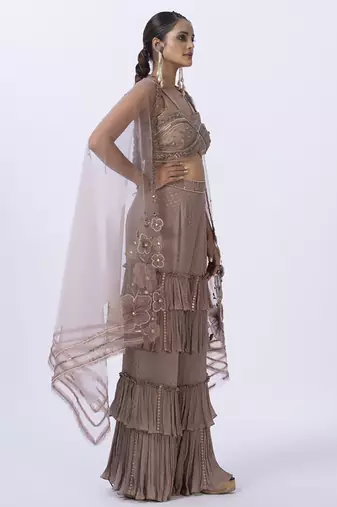 Beige net embroidered top with pant & shrug