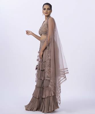 Beige net embroidered top with pant & shrug 3