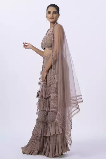 Beige net embroidered top with pant & shrug