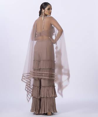 Beige net embroidered top with pant & shrug 5