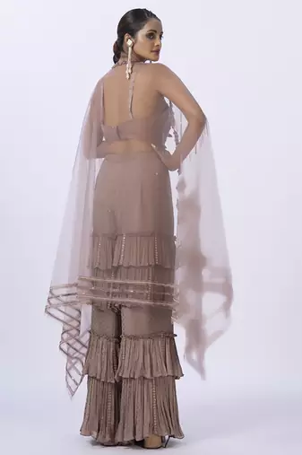 Beige net embroidered top with pant & shrug