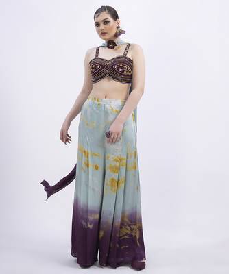 Wine satin printed pant with dupatta & embroidered blouse 1