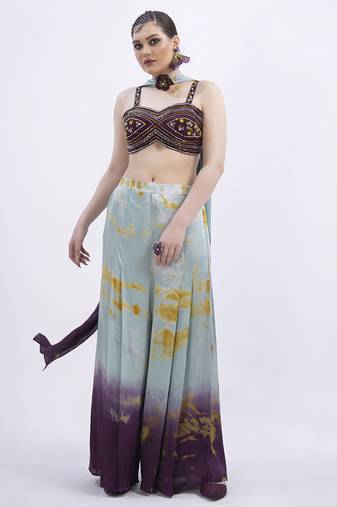 Wine satin printed pant with dupatta & embroidered blouse