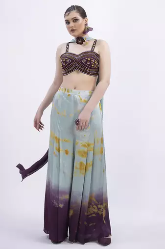 Wine satin printed pant with dupatta & embroidered blouse