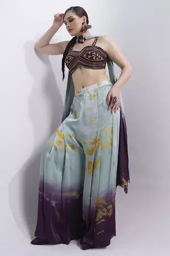 Wine satin printed pant with dupatta & embroidered blouse