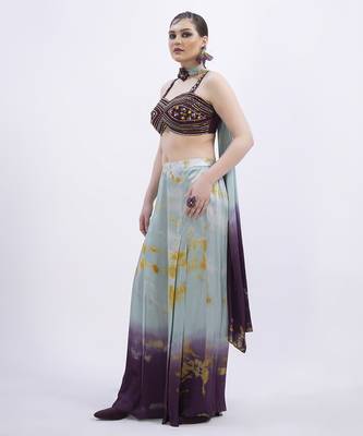 Wine satin printed pant with dupatta & embroidered blouse 3
