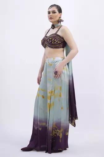 Wine satin printed pant with dupatta & embroidered blouse