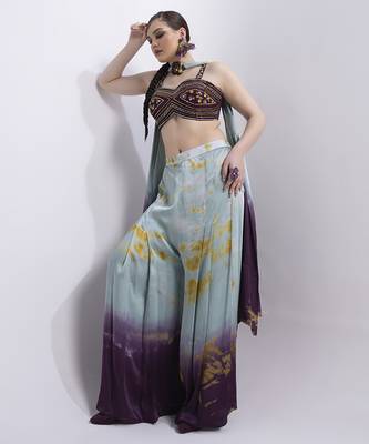Wine satin printed pant with dupatta & embroidered blouse 4