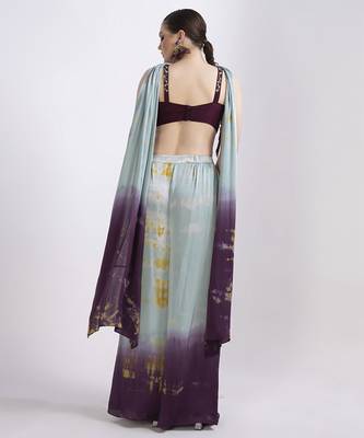 Wine satin printed pant with dupatta & embroidered blouse 5