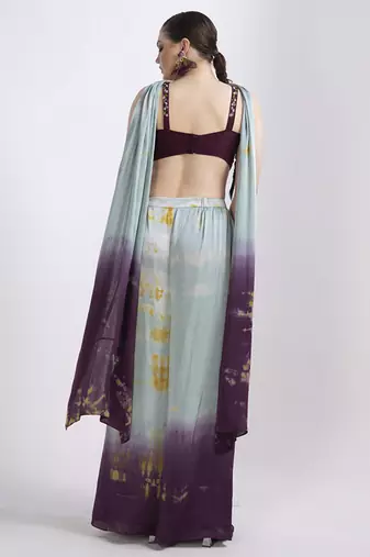 Wine satin printed pant with dupatta & embroidered blouse