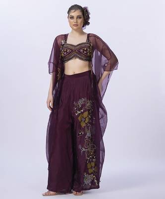 Wine organza embroidered blouse with pant & shrug 1