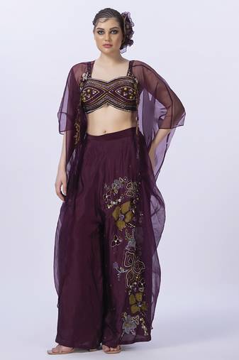 Wine organza embroidered blouse with pant & shrug