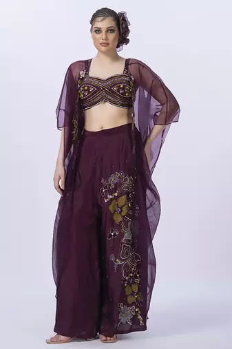 Wine organza embroidered blouse with pant & shrug