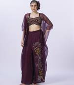 Wine organza embroidered blouse with pant & shrug