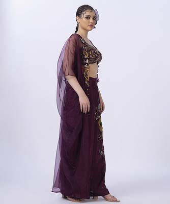 Wine organza embroidered blouse with pant & shrug 2