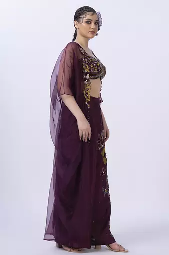 Wine organza embroidered blouse with pant & shrug