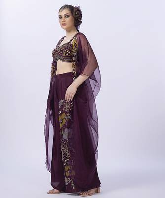 Wine organza embroidered blouse with pant & shrug 3