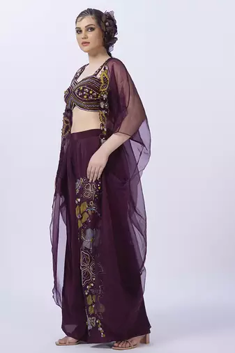 Wine organza embroidered blouse with pant & shrug