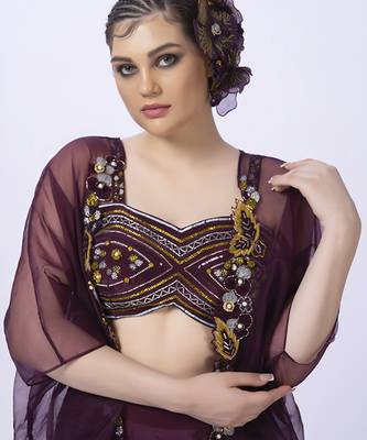 Wine organza embroidered blouse with pant & shrug 5
