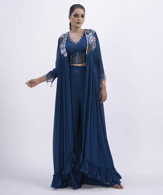 Blue organza plain skirt with cape & blouse 1