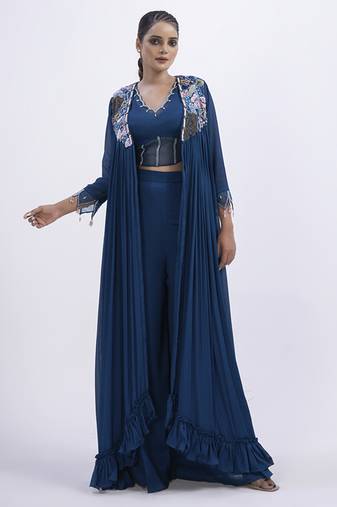 Blue organza plain skirt with cape & blouse