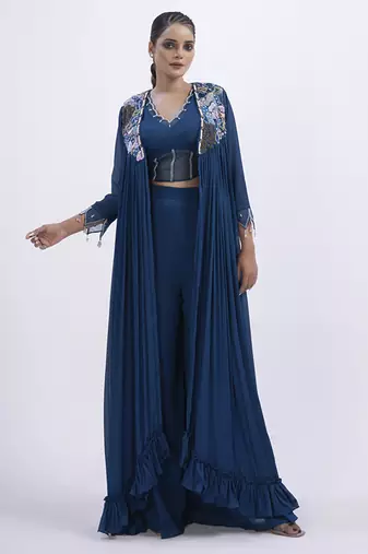 Blue organza plain skirt with cape & blouse