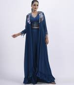 Blue organza plain skirt with cape & blouse