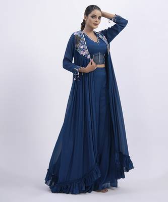 Blue organza plain skirt with cape & blouse 2