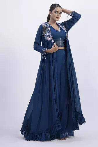Blue organza plain skirt with cape & blouse