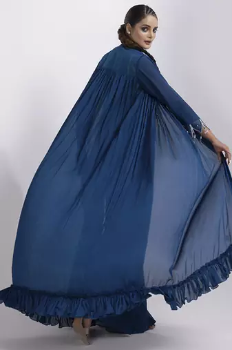 Blue organza plain skirt with cape & blouse