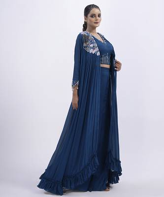 Blue organza plain skirt with cape & blouse 5